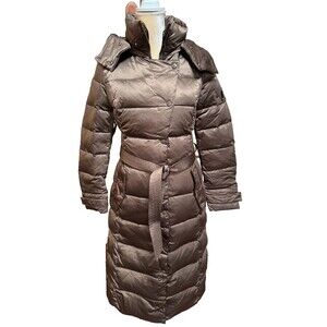 Women’s Long Belted Puffer Coat Sz S Brown Quilted Winter Jacket Removable Hood
